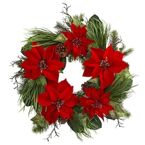 28 in. Artificial Poinsettia and Pine Wreath
