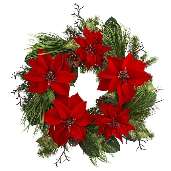 Nearly Natural 28 in. Artificial Poinsettia and Pine Wreath
