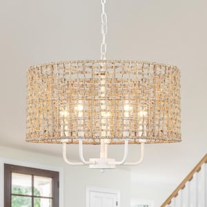 18.89 in. 5-Light Vintage White Bohemian Drum Chandelier with Natural Rattan Shade and No Bulbs Included