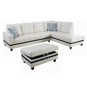 3-Piece-White-Faux Leather-6 Seats-L-Shaped-Right Facing-Sectionals