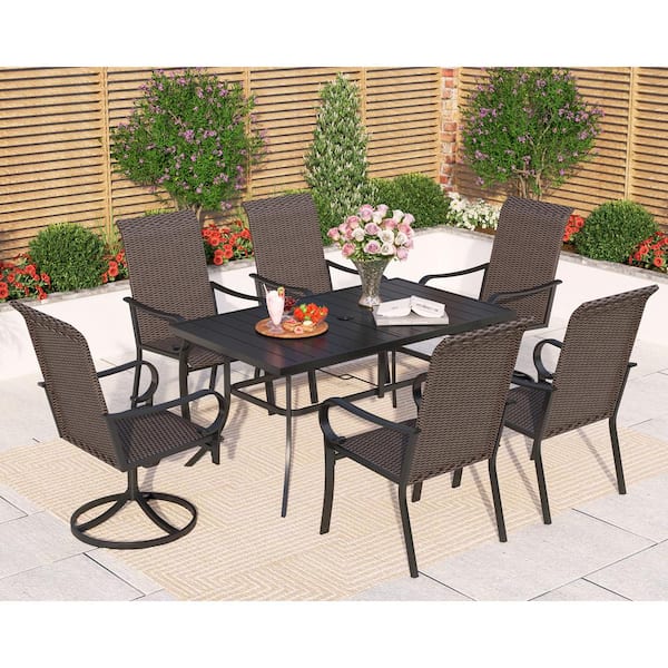 PHI VILLA Black 7-Piece Rattan Patio Outdoor Dining Set with Rectangle Slat Table and High-Back Swivel Chairs