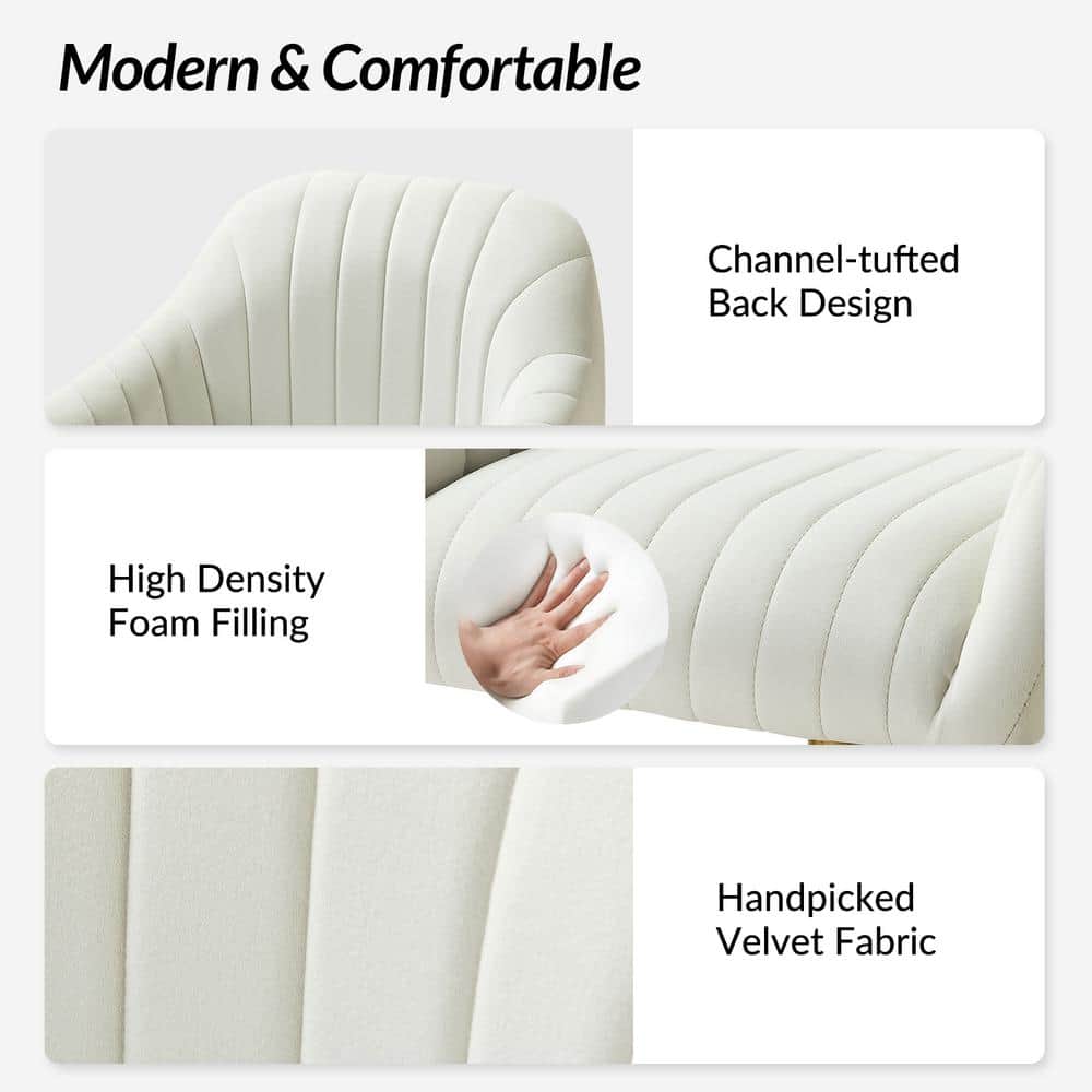 Ivory Velvet Swivel Task Chair with Golden Metal Legs