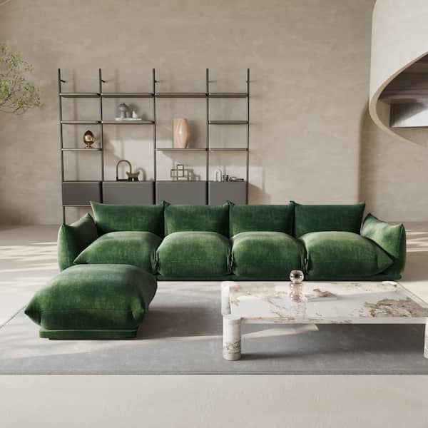 Magic Home Modern 131 in. Flared Arm 5-Piece Chenille 4 Seater Modular Convertible Couch Sectional Sofa with Ottoman in. Green