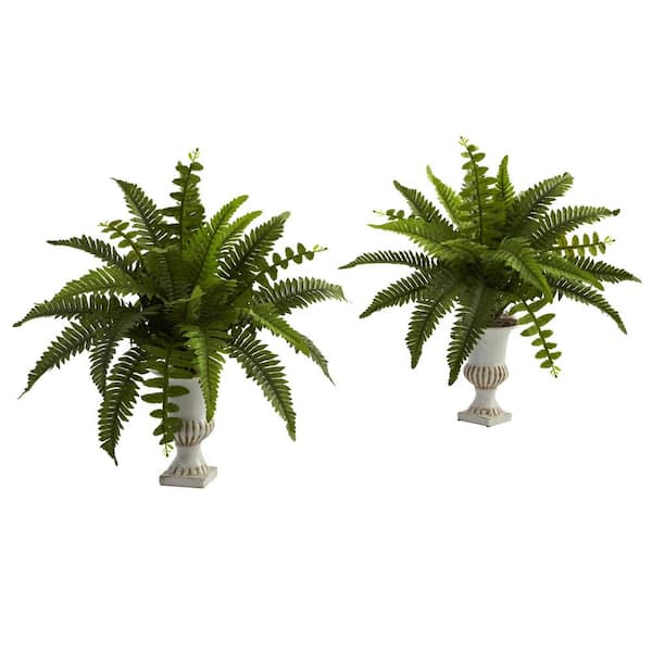 Nearly Natural 20 in. Artificial Boston Fern with Urn (Set of 2)