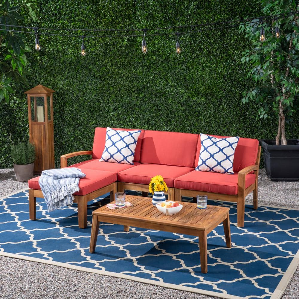 5-piece Acacia Wood Segmented Outdoor Sectional Set for Patio, Backyard, De