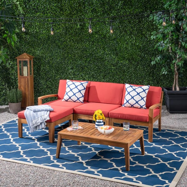 Unbranded 5-piece Acacia Wood Segmented Outdoor Sectional Set for Patio, Backyard, Deck, with Waterproof Cushions, Teak and Red