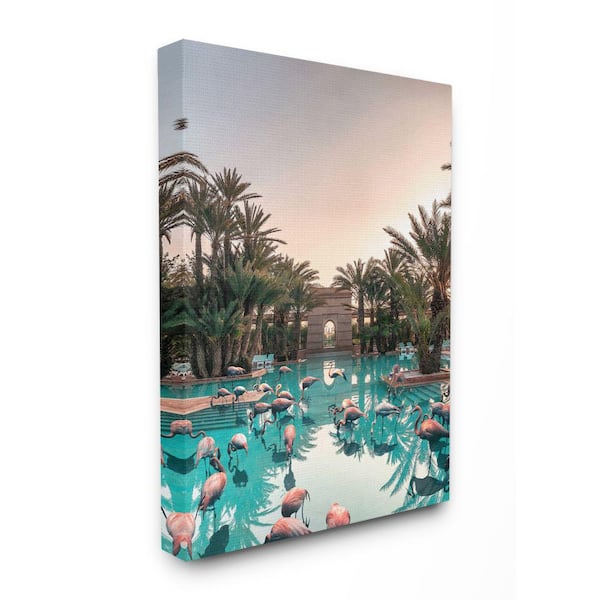 "Tropical Pink Flamingo Pool Reflection Palm Trees"by Ziwei Li Unframed Architecture Canvas Wall Art Print 36 in.x48 in.