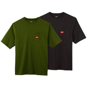 Men's 2X-Large Olive Green and Black Heavy-Duty Cotton/Polyester Short-Sleeve Pocket T-Shirt (2-Pack)