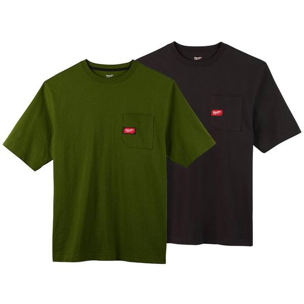 Milwaukee Men's 3X-Large Olive Green and Black Heavy-Duty Cotton/Polyester Short-Sleeve Pocket T-Shirt (2-Pack)