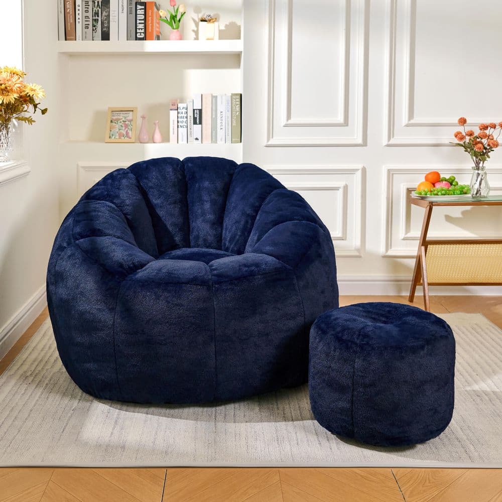 Dark Blue Faux Fur Giant Oversized Ultra Plush Fluffy Comfortable Soft Shell Shaped Floor Sofa Lounge Seat Bean Bag