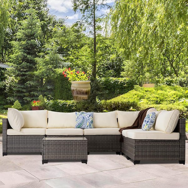 Unbranded 7-Piece Brown Wicker Outdoor Sectional Sofa Set with Beige Cushions and Coffee Table for Backyard, Poolside