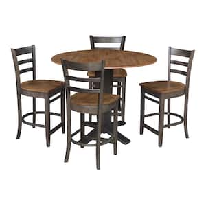 Aria Hickory/Washed Coal 42 in. Solid Wood Drop-Leaf Counter Height Pedestal Table and 4 Emily Stools, Seats 4