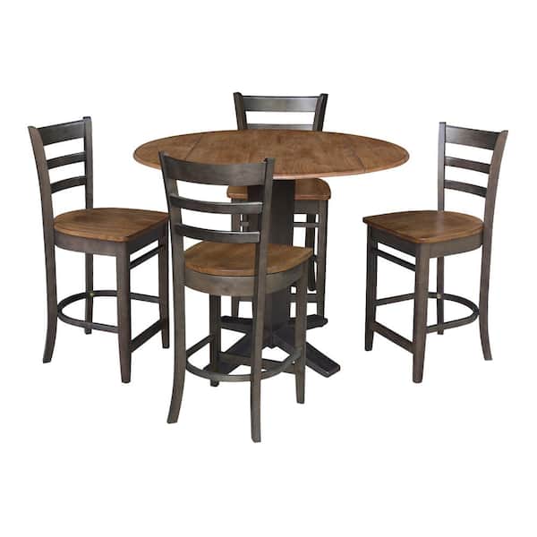 International Concepts Aria Hickory/Washed Coal 42 in. Solid Wood Drop-Leaf Counter Height Pedestal Table and 4 Emily Stools, Seats 4