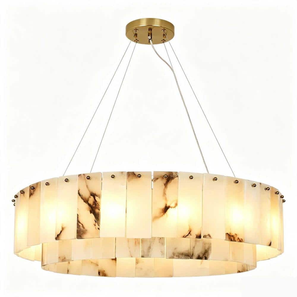 Modern 14-Light Shiny Gold Alabaster Chandelier Round Tiered Drum Pendant Ceiling Light Fixture for Living Room, Dining price history on PriceWatchPro