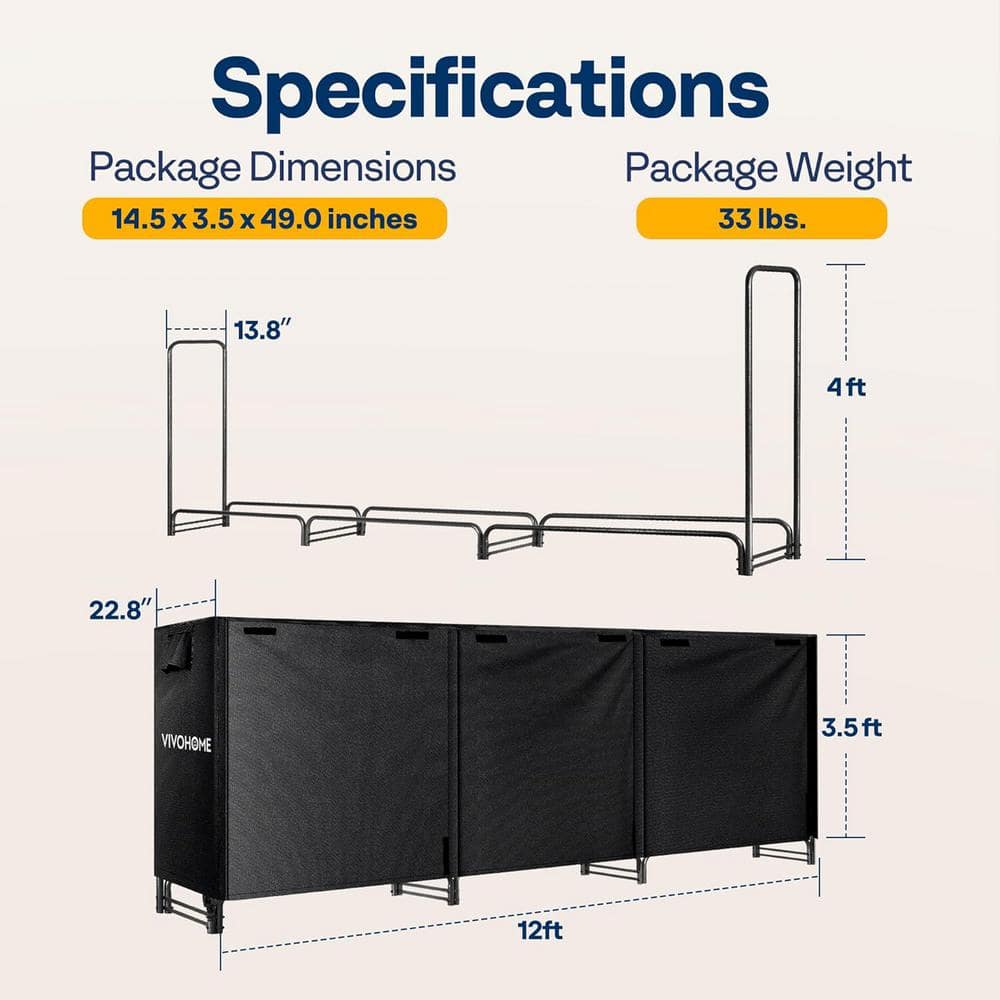 12 ft Black Heavy Duty Steel Firewood Rack with Cover
