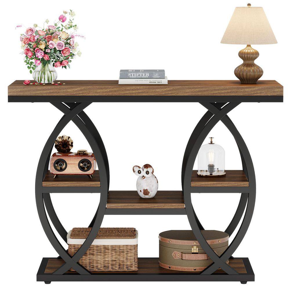 Turrella 39.4 in. Rustic Brown Rectangle Wood Console Table with Metal Frame,Industrial 4-Tier Sofa Table Entryway Table