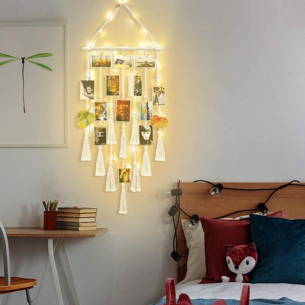 34.6 in. x 16.9 in. Ivory Macrame Photo Display with Lights-Cotton Boho Wall Decor for Teen Girls, 30 Clips