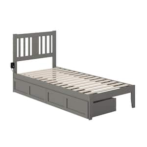 Tahoe Grey Twin Extra Long Solid Wood Storage Platform Bed with USB Turbo Charger and 2 Extra Long Drawers