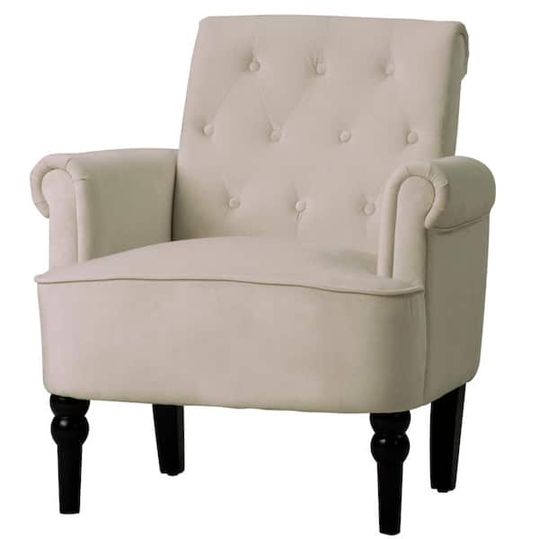Aoibox 29 in. Elegant Off White Button-Tufted Velvet Club Chair with Wooden Legs