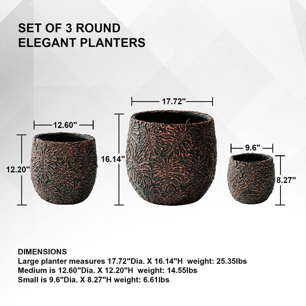 Set of 3 Round Brown and Bronze Fiberstone Outdoor Planters