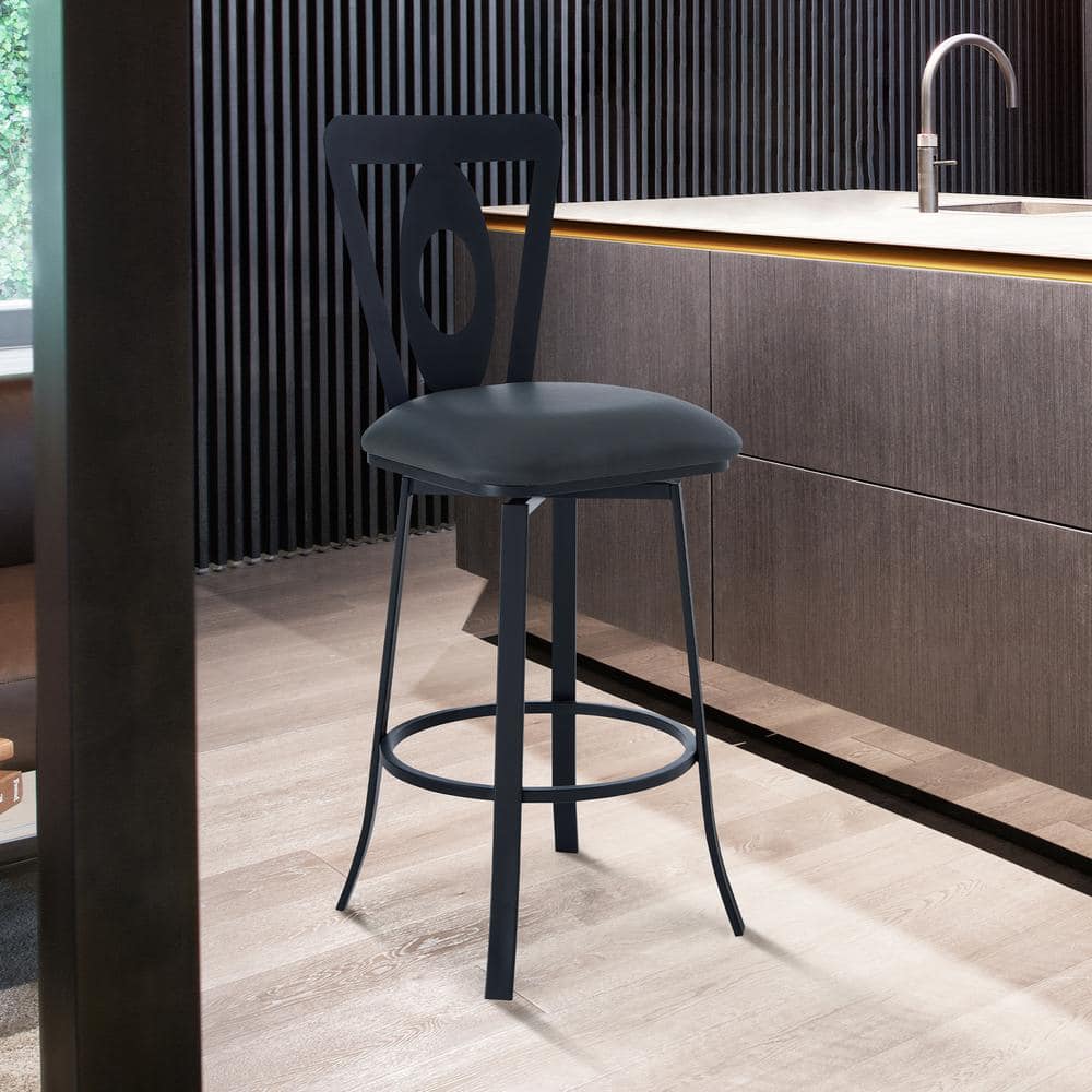 Akira Contemporary 30 in. Bar Height in Matte Black Finish and Grey Faux Le