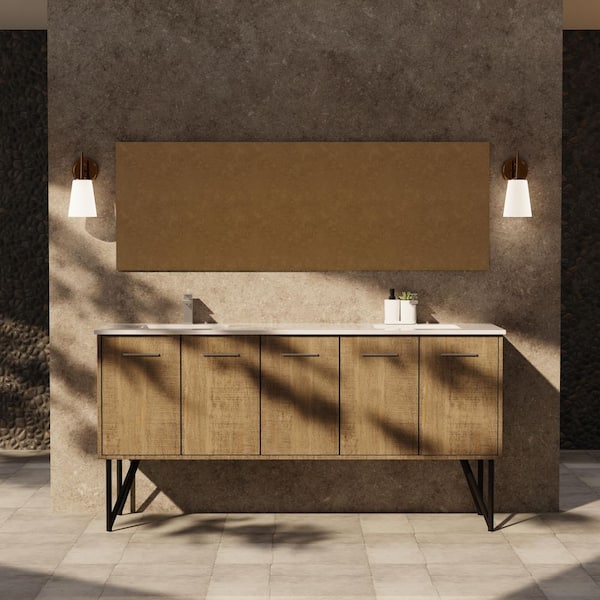 Lancy 72 in W x 20 in D Rustic Acacia Double Bath Vanity, White Quartz Top and 70 in Mirror