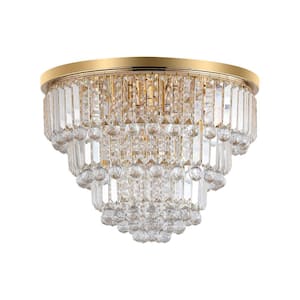 6-Light Gold Crystal Chandelier 3-Tier Round Flush Ceiling Mount Pendant-Light Fixture for Living Dining Room
