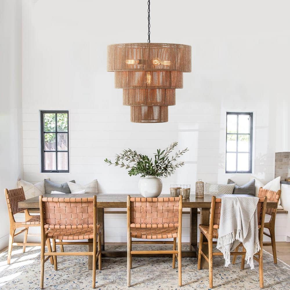 Beige Oversize 4-Tiered Rattan Pendant Light with Glass Shades