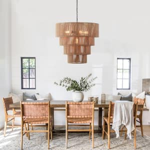 5-Light Beige Oversize 4-Tiered Pendant Light with Rattan Shade