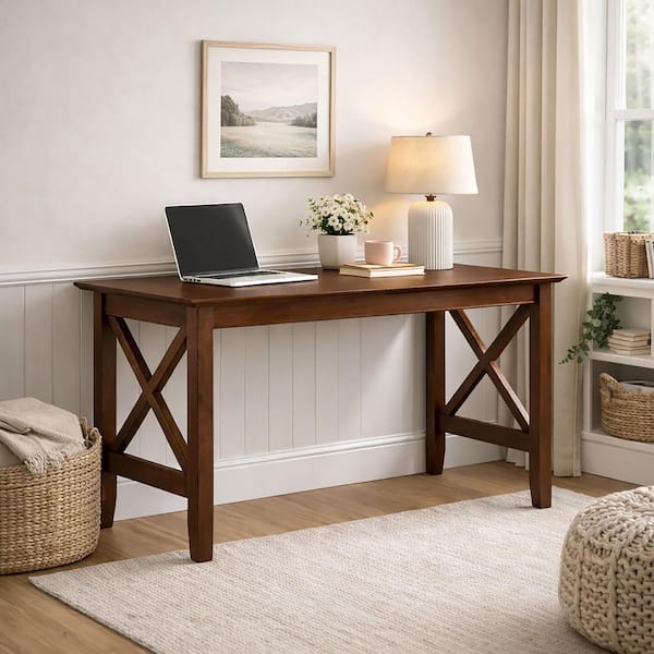 Lexi 48 in. Rectangular Walnut Heavy Duty Solid Wood Writing Desk with Attachable Turbo Device Charger