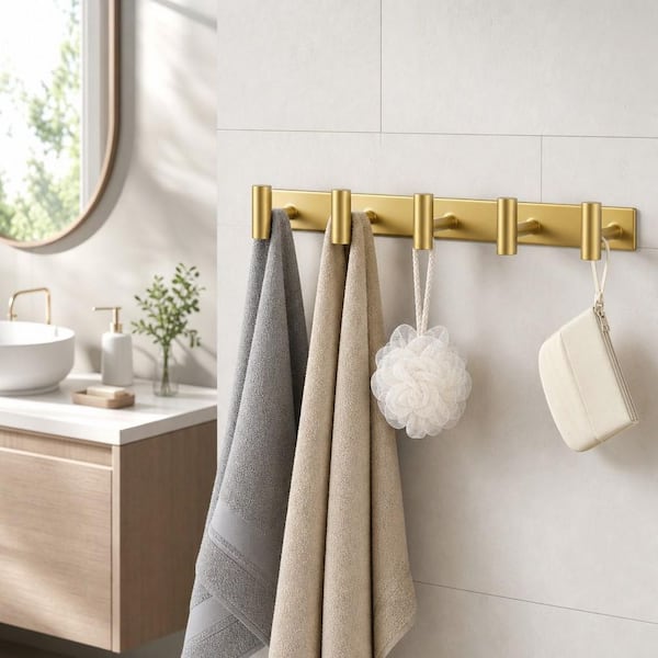 Wudkey 5 Hooks Towel Racks in Gold, Wall Mount Bathroom Hanger