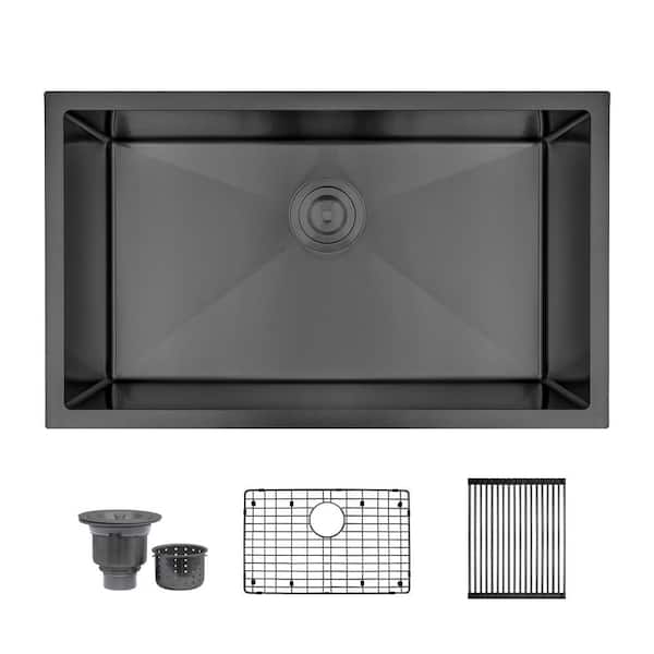 30 in. Undermount Single Bowl 16 Gauge Black Stainless Steel Kitchen Sink with Accessories