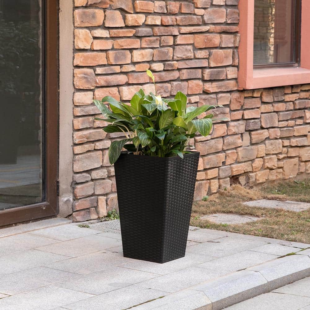 Set of 3 Black Tall Rattan-Style Plastic Planters
