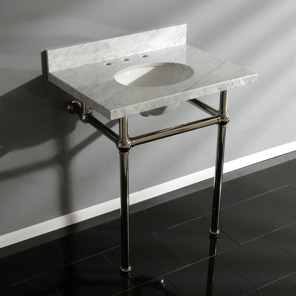 Unbranded - Washstand 30 in. Console Table in Carrara Marble White with Metal Legs in Polished Nickel
