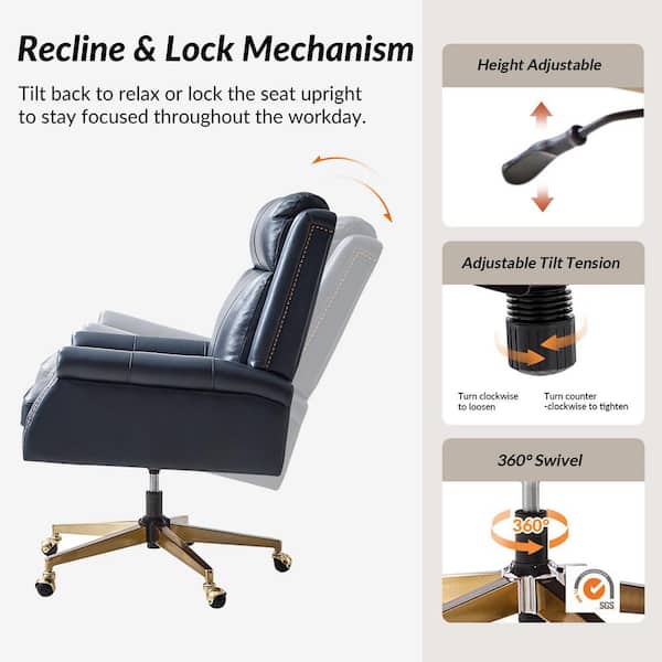 Palmira Transitional Genuine Leather Office Chair in Navy with Rolled Arms