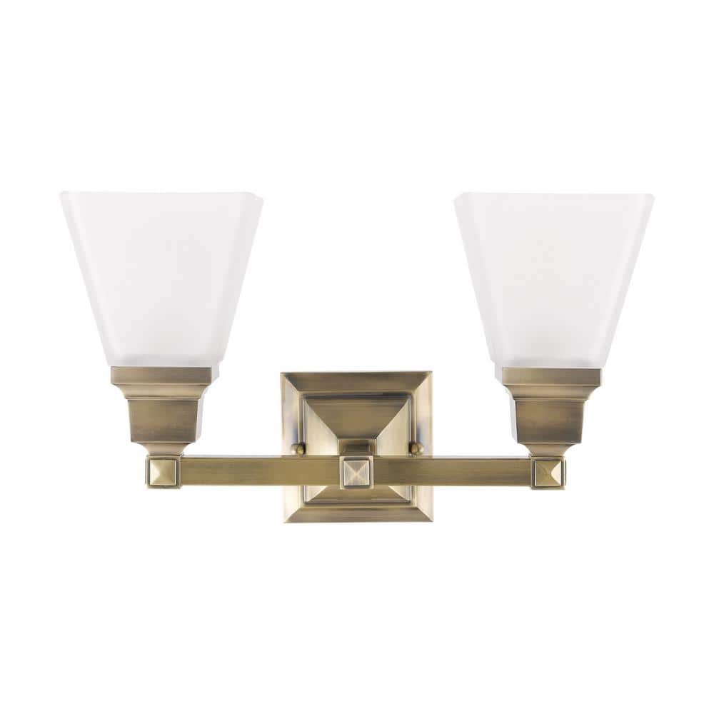 Antique Brass 2-Light Vanity Fixture with Satin Glass Shades