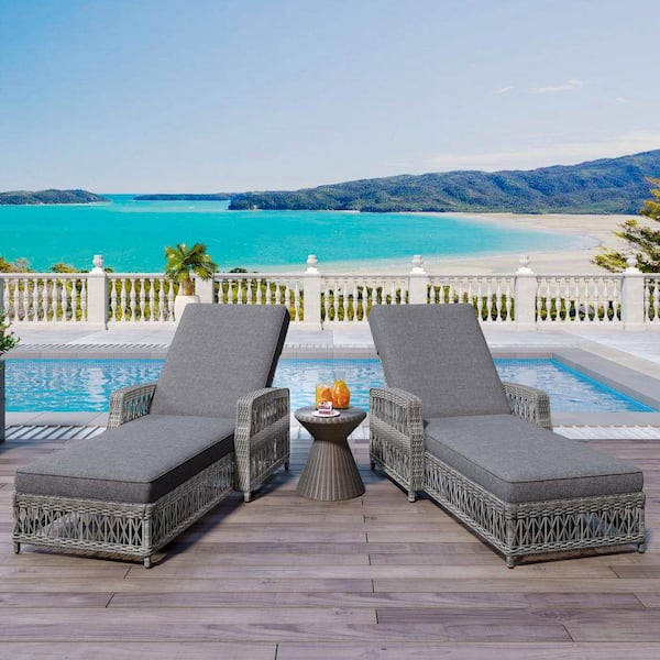 2-Piece Gray Wicker Outdoor Chaise Lounge with Armrests and Gray Soft Removable Cushions for Poolside
