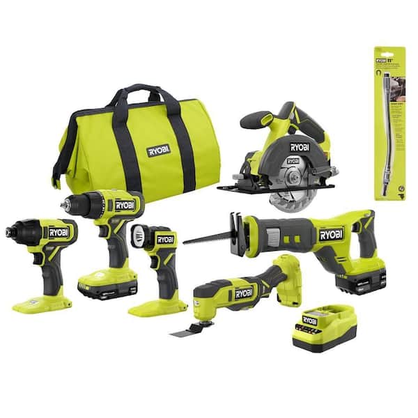 ONE+ 18V Cordless 6-Tool Combo Kit with 1.5 Ah Battery, 4.0 Ah Battery, Charger, and 11 in. Flexible Shaft Bit Holder