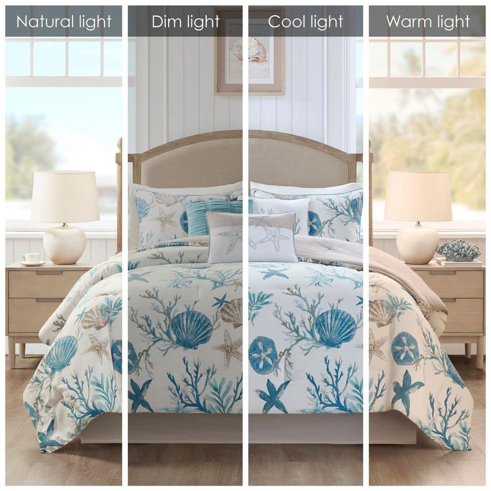 Aqua Coastal Queen Cotton Comforter Set with Decorative Pillows