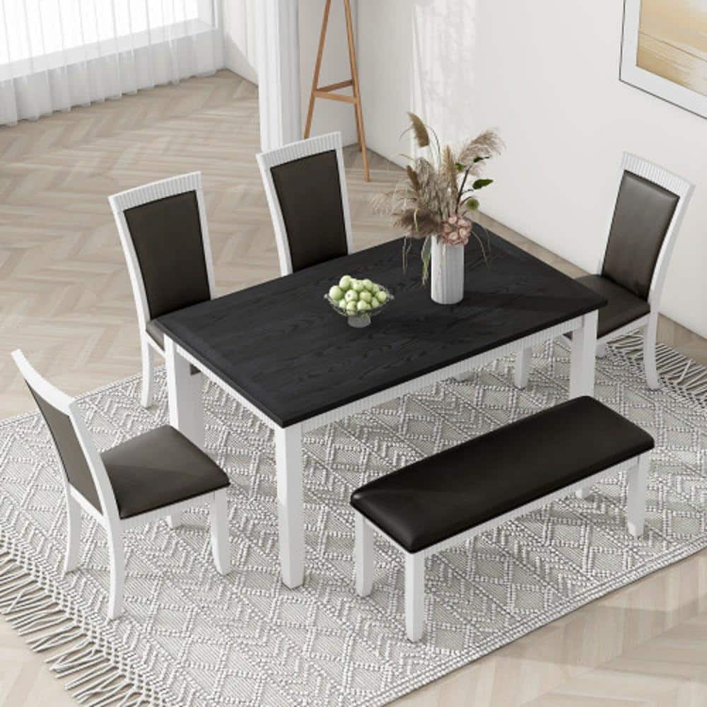 White 6-Piece Rustic Solid Wood Table Upholstered Chairs and Bench Outdoor 