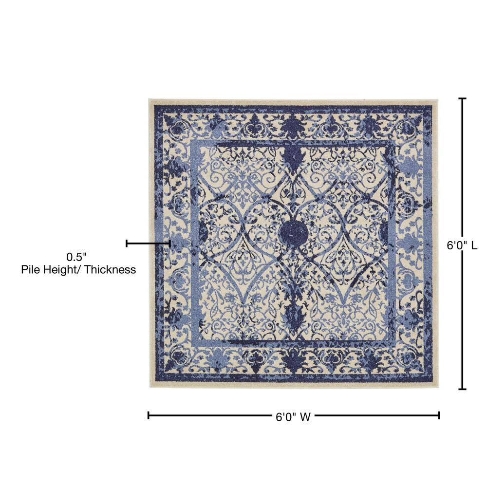 Ivory and Blue Square Stain-Resistant Synthetic Rug, 6' x 6'