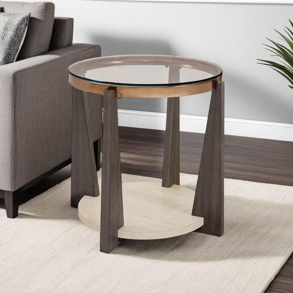 Benjara Miu 24.25 in. Clear and Grayish Brown Round Glass