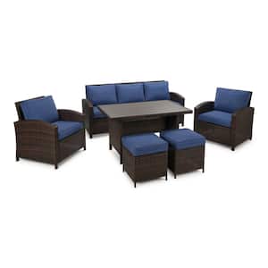 6-Piece Wicker Patio Conversation Set with Blue Cushions and Ottomans