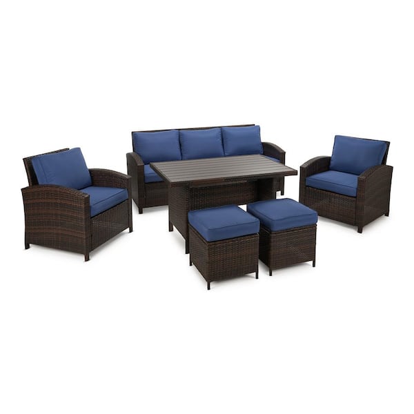 EDYO LIVING 6-Piece Wicker Patio Conversation Set with Blue Cushions and Ottomans