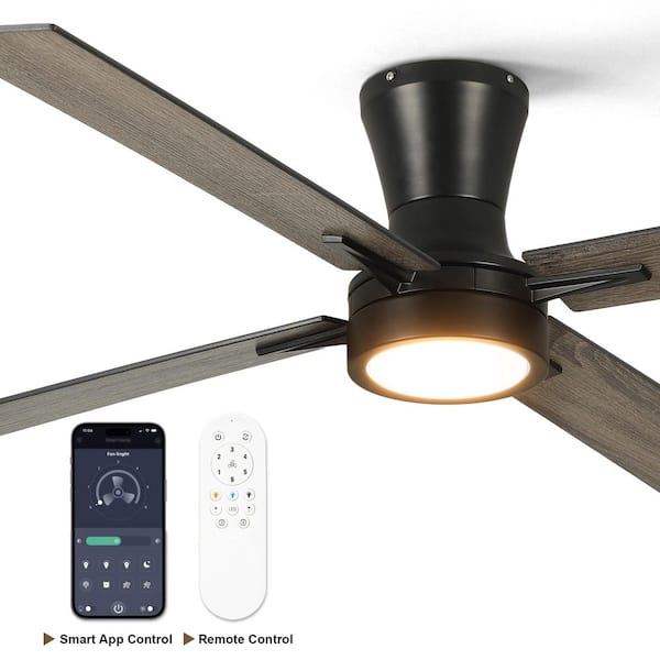 52 in. Indoor Matte Black Brushed Low Profile Standard 3 Colors LED Flush Mount Ceiling Fan with Light Kit and Remote