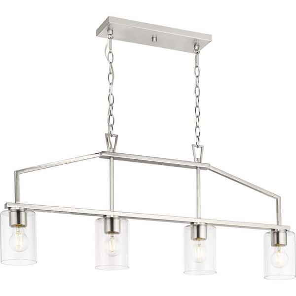Progress Lighting Goodwin 40.375 in. 4-Light Brushed Nickel Modern Farmhouse Island Light Chandelier with Clear Glass Shade