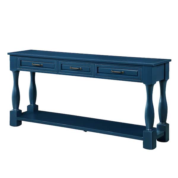 Unbranded 63.4 in. W x 14.6 in. D x 30 in. H Navy Blue Linen Cabinet with 3-Drawer Console Table, Shelf and Pine Legs