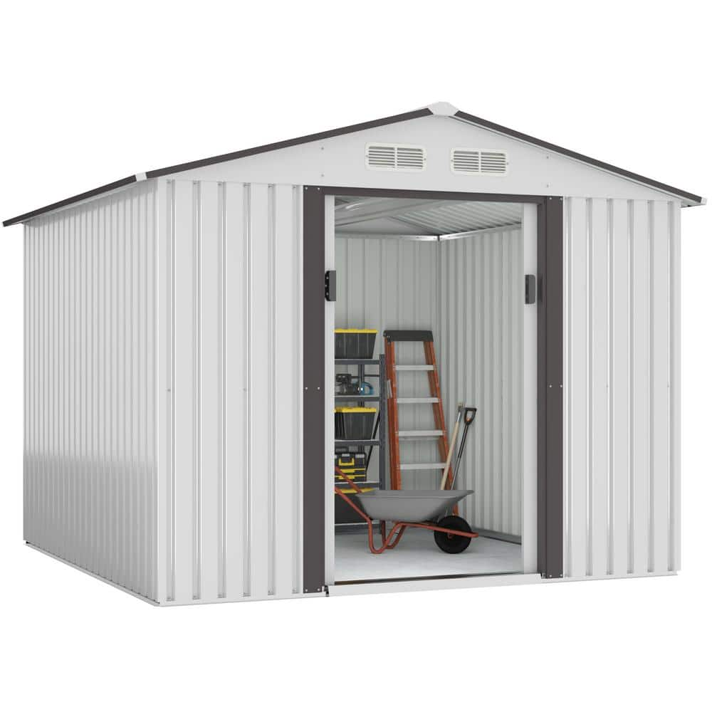 8.4 ft. W x 8.4 ft. D Outdoor Metal Storage Shed Garden Tool Storage with Sliding Door,White and Gray(70.56 sq. ft.) -  JAXPETY, HG61W0560