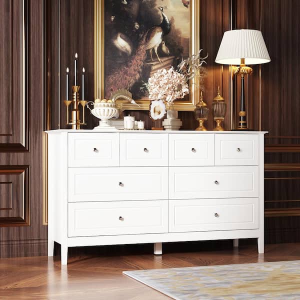 FUFU&GAGA White 8-Drawer 31.5 in. H x 55.1 in. W x 15.7 in. D Paint Finish Dresser Chest of Drawers Cabinet