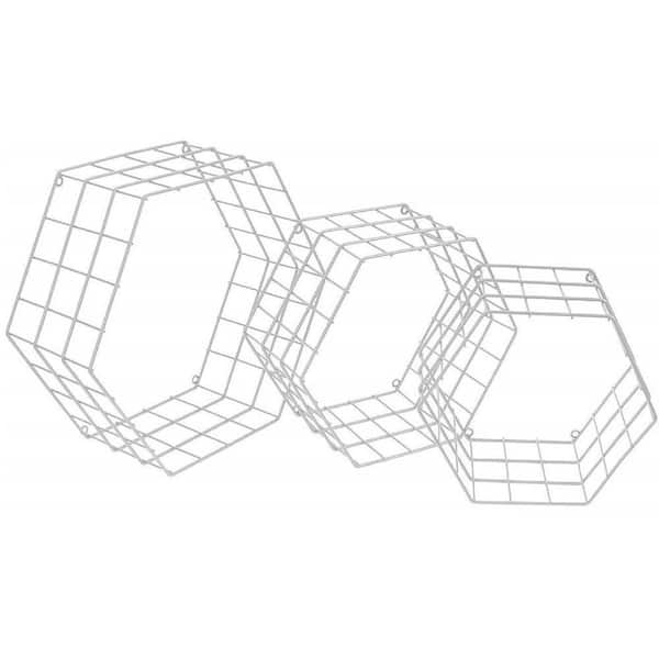14.25 in. W x 5.62 in D White Metal Decorative Wall Shelf, Wire Hexagon Design Wall Mounted Floating Shelves, Set of 3